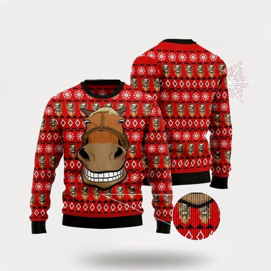 Goofygearprints Farmers Sweater, Funny Horse Face Ugly Christmas Sweater, Christmas Crewneck Sweater, Winter Farm Fashion