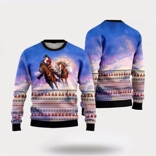 Goofygearprints Farmers Sweater, Cowboy Santa Claus Ugly Christmas Sweater, Christmas Crewneck Sweater, Winter Farm Fashion