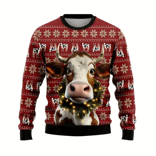 Goofygearprints Farmers Sweater, Christmas Cow Wreaths Ugly Christmas Sweater, Christmas Crewneck Sweater, Winter Farm Fashion