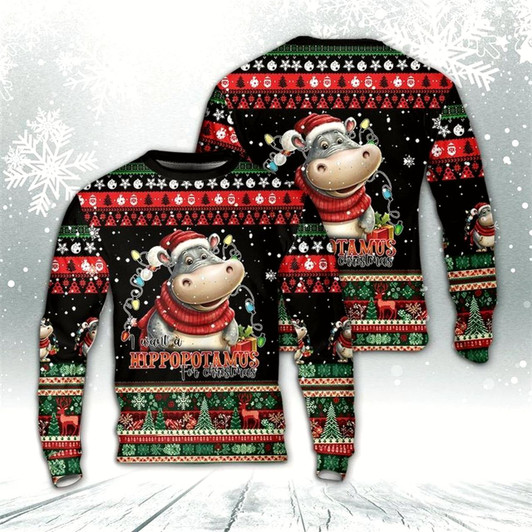 Goofygearprints I Want A Hippopotamus For Christmas AOP Ugly Christmas Sweater, Best Gift For Holiday, Christmas Crewneck Sweater, Christmas Winter Fashion