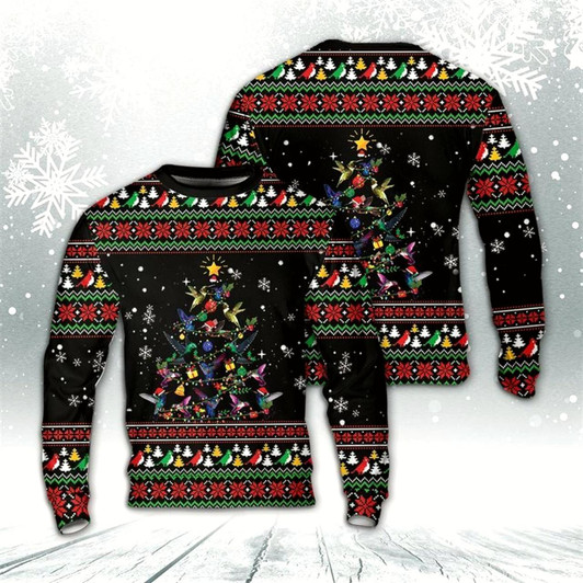 Goofygearprints Hummingbird Christmas Tree AOP Ugly Christmas Sweater, Best Gift For Holiday, Christmas Crewneck Sweater, Christmas Winter Fashion