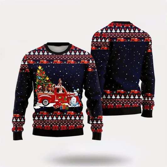 Goofygearprints Pet Dog Sweater, Funny Dogs With Red Truck Christmas HolidayUgly Christmas Sweater, Gift For Dog Love, Winter Fashion