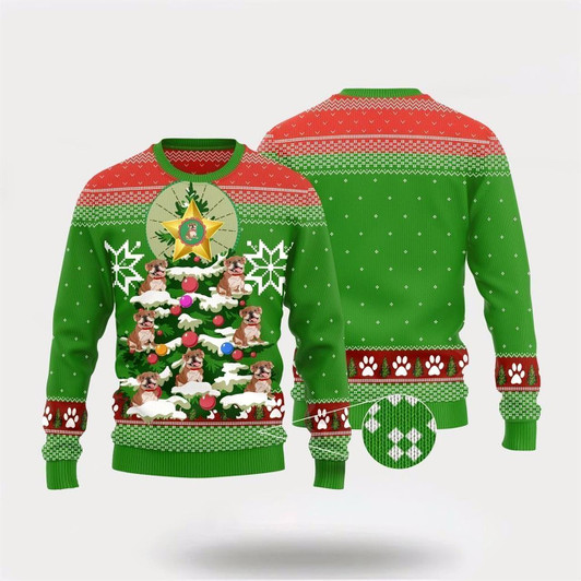 Goofygearprints Pet Dog Sweater, Funny Cute Bulldog Xmas Ugly Bulldog TreeUgly Christmas Sweater, Gift For Dog Love, Winter Fashion
