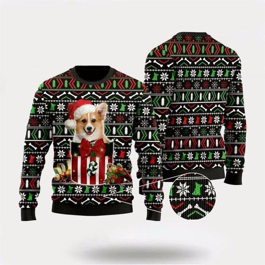 Goofygearprints Pet Dog Sweater, Funny Corgi In The Gift Box UglyUgly Christmas Sweater, Gift For Dog Love, Winter Fashion