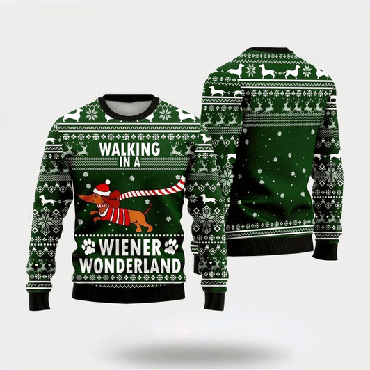 Goofygearprints Pet Dog Sweater, Dachshund Dog Walking In A Wiener WonderlandUgly Christmas Sweater, Gift For Dog Love, Winter Fashion