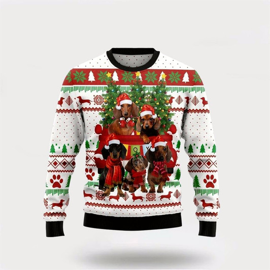 Goofygearprints Pet Dog Sweater, Dachshund Dog Red TruckUgly Christmas Sweater, Gift For Dog Love, Winter Fashion