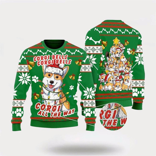 Goofygearprints Pet Dog Sweater, Corgi Dog Bells ChristmasUgly Christmas Sweater, Gift For Dog Love, Winter Fashion
