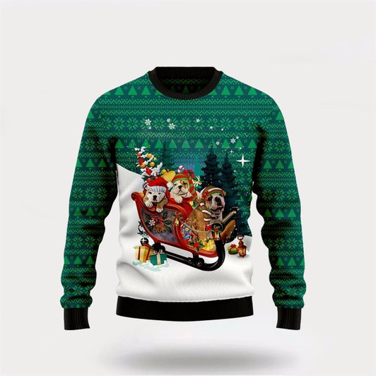 Goofygearprints Pet Dog Sweater, Bulldog SleighUgly Christmas Sweater, Gift For Dog Love, Winter Fashion