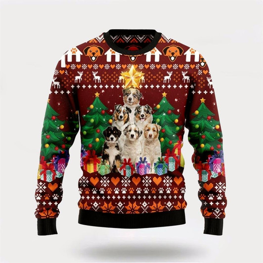 Goofygearprints Pet Dog Sweater, Australian Shepherd Pine TreeUgly Christmas Sweater, Gift For Dog Love, Winter Fashion