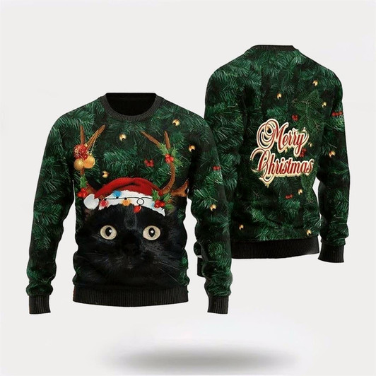 Goofygearprints Pet Cat Sweater, Merry Christmas Black Cat In Pine Tree Ugly Christmas Sweater, Gift For Cat Love, Cat Crewneck Sweater, Winter Fashion
