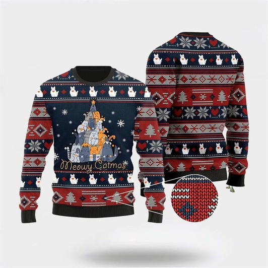 Goofygearprints Pet Cat Sweater, Meowy Catmas Christmas Cats Tree Ugly Christmas Sweater, Gift For Cat Love, Cat Crewneck Sweater, Winter Fashion