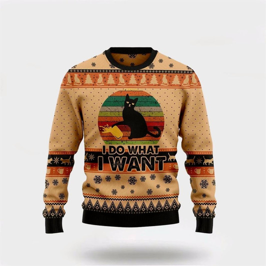 Goofygearprints Pet Cat Sweater, I Do What A Want Black Cat Ugly Christmas Sweater, Gift For Cat Love, Cat Crewneck Sweater, Winter Fashion