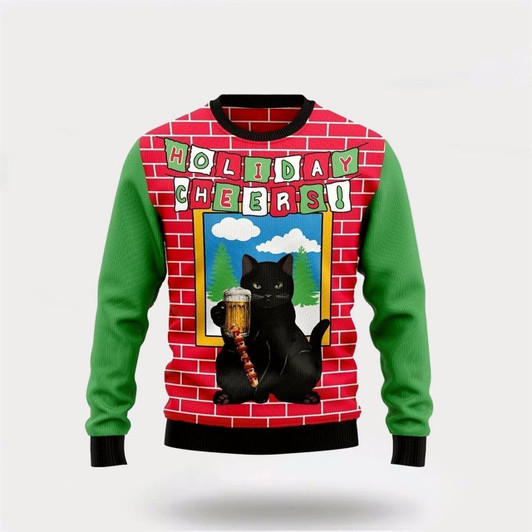 Goofygearprints Pet Cat Sweater, Holiday Cheer Black Cat Beer Christmas Ugly Christmas Sweater, Gift For Cat Love, Cat Crewneck Sweater, Winter Fashion