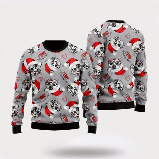 Goofygearprints Pet Cat Sweater, Happy Kitten Cat Merry Xmas Ugly Christmas Sweater, Gift For Cat Love, Cat Crewneck Sweater, Winter Fashion