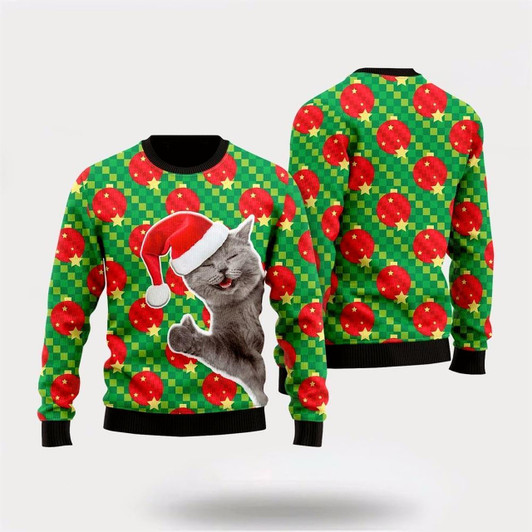 Goofygearprints Pet Cat Sweater, Happy Cat With Ornarment Christmas Ball Ugly Christmas Sweater, Gift For Cat Love, Cat Crewneck Sweater, Winter Fashion