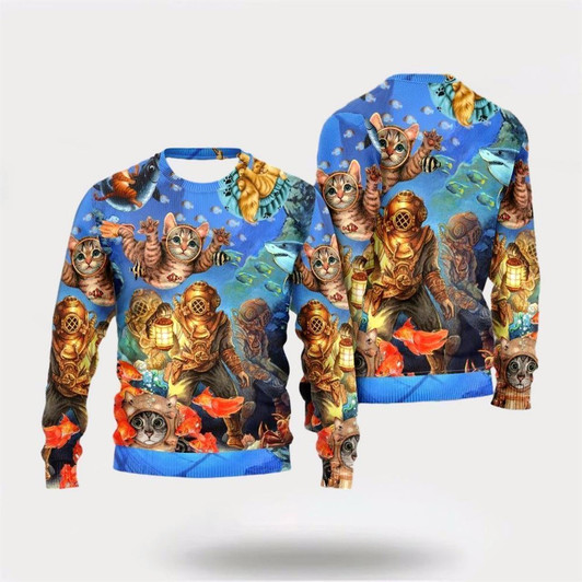 Goofygearprints Pet Cat Sweater, Diving Cat Under The Sea Art Style Ugly Christmas Sweater, Gift For Cat Love, Cat Crewneck Sweater, Winter Fashion
