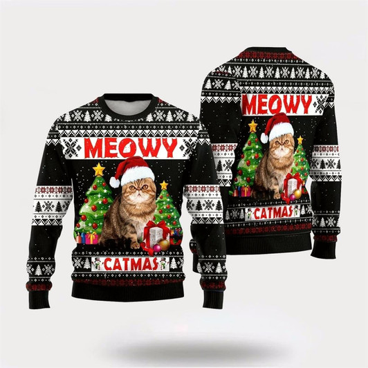 Goofygearprints Pet Cat Sweater, Cute Cat Sweater Meowy Catmas Ugly Christmas Sweater, Gift For Cat Love, Cat Crewneck Sweater, Winter Fashion