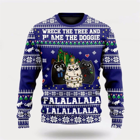 Goofygearprints Pet Cat Sweater, Cat Wreck The Tree Meowy Christmas Sweater Ugly Christmas Sweater, Gift For Cat Love, Cat Crewneck Sweater, Winter Fashion