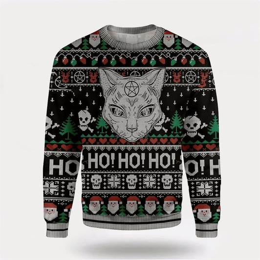 Goofygearprints Pet Cat Sweater, Cat Sweater Wicca Black Cat Ho Ho Ho Christmas Pattern Ugly Christmas Sweater, Gift For Cat Love, Cat Crewneck Sweater