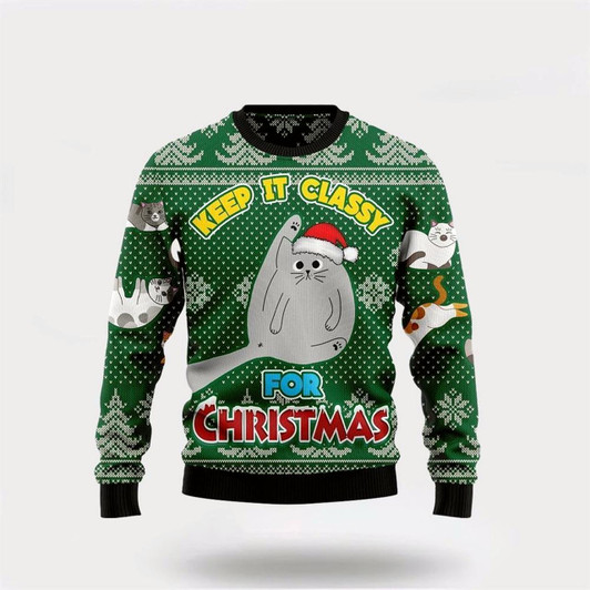 Goofygearprints Pet Cat Sweater, Cat Keep It Classy For Christmas 3D Ugly Christmas Sweater, Gift For Cat Love, Cat Crewneck Sweater, Winter Fashion