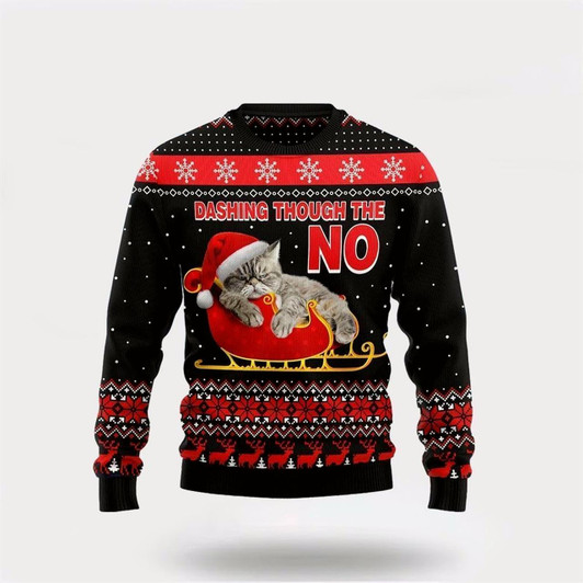 Goofygearprints Pet Cat Sweater, Cat Dashing Through The No Ugly Christmas Sweater, Gift For Cat Love, Cat Crewneck Sweater, Winter Fashion