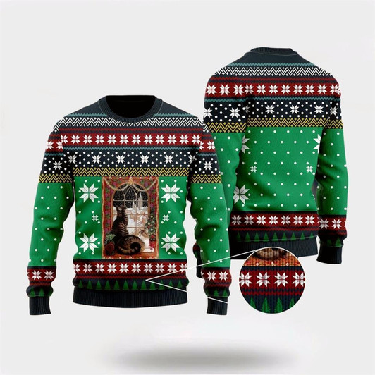 Goofygearprints Pet Cat Sweater, Cat Christmas Snow Window Ugly Christmas Sweater, Gift For Cat Love, Cat Crewneck Sweater, Winter Fashion