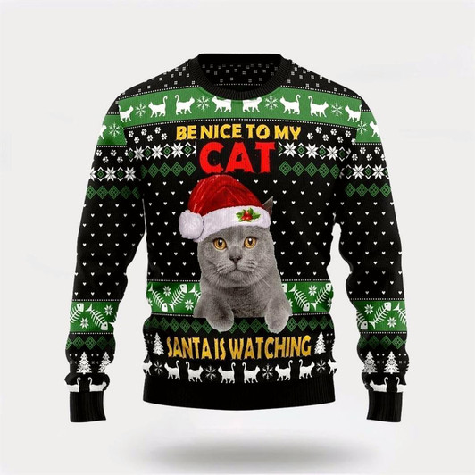 Goofygearprints Pet Cat Sweater, Cat Be Nice Ugly Christmas Sweater, Gift For Cat Love, Cat Crewneck Sweater, Winter Fashion