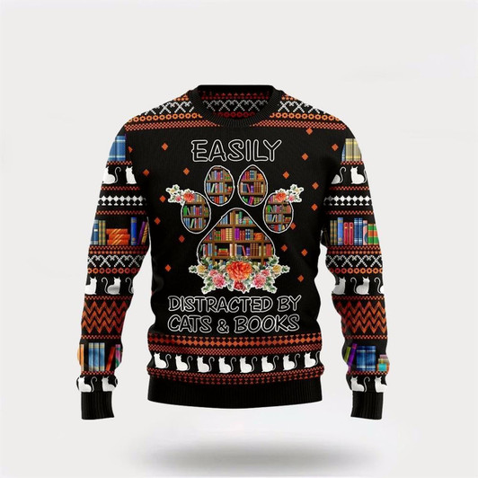 Goofygearprints Pet Cat Sweater, Cat And Books Ugly Christmas Sweater, Gift For Cat Love, Cat Crewneck Sweater, Winter Fashion