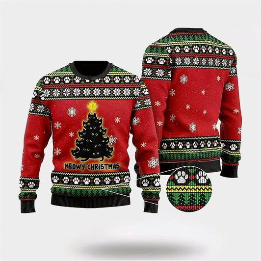 Goofygearprints Pet Cat Sweater, Black Cat Tree Meowy Ugly Christmas Red Ugly Christmas Sweater, Gift For Cat Love, Cat Crewneck Sweater, Winter Fashion