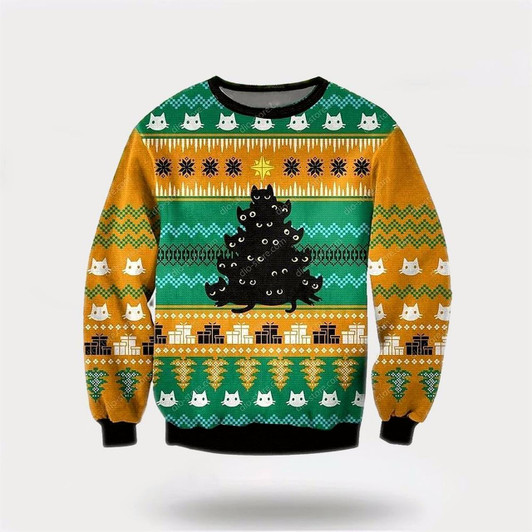 Goofygearprints Pet Cat Sweater, Black Cat Tree Meowy Ugly Christmas Orange Ugly Christmas Sweater, Gift For Cat Love, Cat Crewneck Sweater, Winter Fashion
