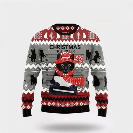 Goofygearprints Pet Cat Sweater, Black Cat Tree Killer Ugly Christmas Sweater, Gift For Cat Love, Cat Crewneck Sweater, Winter Fashion