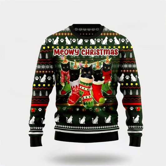 Goofygearprints Pet Cat Sweater, Black Cat Socks Ugly Christmas Sweater, Gift For Cat Love, Cat Crewneck Sweater, Winter Fashion
