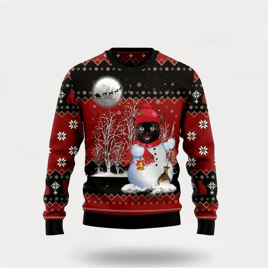 Goofygearprints Pet Cat Sweater, Black Cat Snowman Ugly Christmas Sweater, Gift For Cat Love, Cat Crewneck Sweater, Winter Fashion