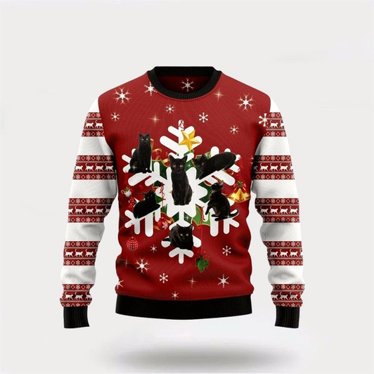 Goofygearprints Pet Cat Sweater, Black Cat Snowflake Ugly Christmas Sweater, Gift For Cat Love, Cat Crewneck Sweater, Winter Fashion