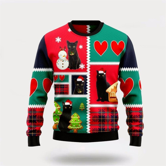 Goofygearprints Pet Cat Sweater, Black Cat Snow Ugly Christmas Sweater, Gift For Cat Love, Cat Crewneck Sweater, Winter Fashion