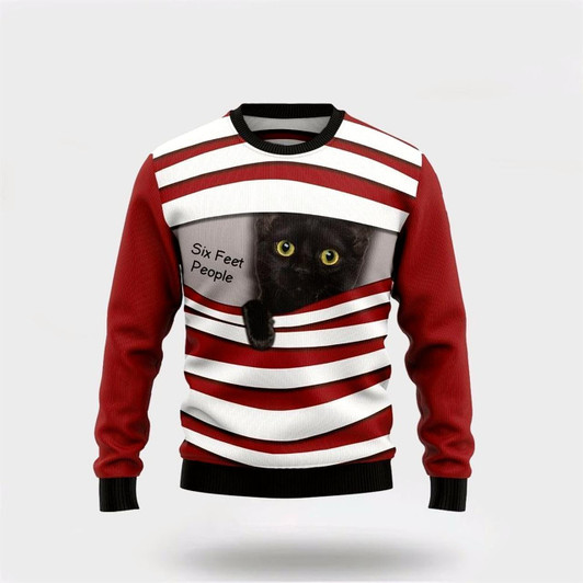 Goofygearprints Pet Cat Sweater, Black Cat Six Feet Ugly Christmas Sweater, Gift For Cat Love, Cat Crewneck Sweater, Winter Fashion
