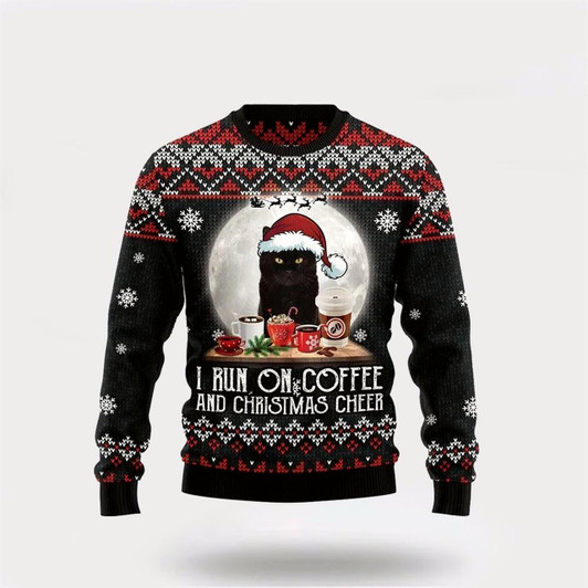 Goofygearprints Pet Cat Sweater, Black Cat Run On Coffee Ugly Christmas Sweater, Gift For Cat Love, Cat Crewneck Sweater, Winter Fashion
