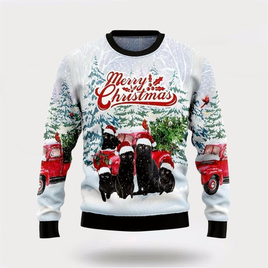 Goofygearprints Pet Cat Sweater, Black Cat Merry Christmas Ugly Christmas Sweater, Gift For Cat Love, Cat Crewneck Sweater, Winter Fashion