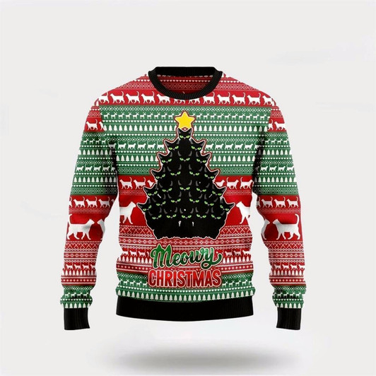 Goofygearprints Pet Cat Sweater, Black Cat Meowy Ugly Christmas Sweater, Gift For Cat Love, Cat Crewneck Sweater, Winter Fashion