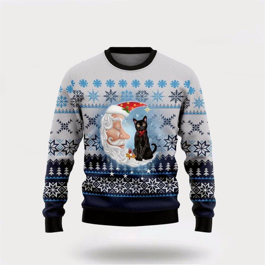 Goofygearprints Pet Cat Sweater, Black Cat Love Santa Moon Ugly Christmas Sweater, Gift For Cat Love, Cat Crewneck Sweater, Winter Fashion