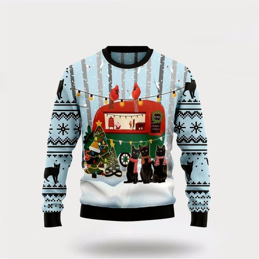 Goofygearprints Pet Cat Sweater, Black Cat Love Camping Ugly Christmas Sweater, Gift For Cat Love, Cat Crewneck Sweater, Winter Fashion