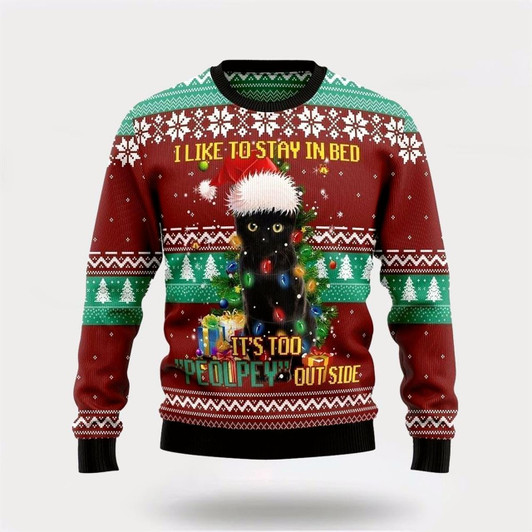 Goofygearprints Pet Cat Sweater, Black Cat Like Stay To In Bed Xmas Ugly Christmas Sweater, Gift For Cat Love, Cat Crewneck Sweater, Winter Fashion
