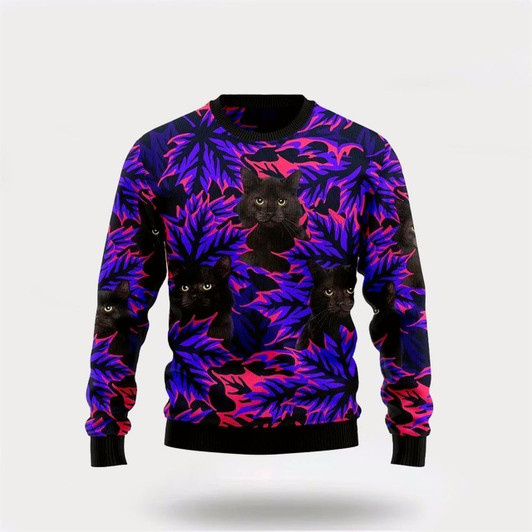 Goofygearprints Pet Cat Sweater, Black Cat Leaves Funny Family Ugly Christmas Sweater, Gift For Cat Love, Cat Crewneck Sweater, Winter Fashion
