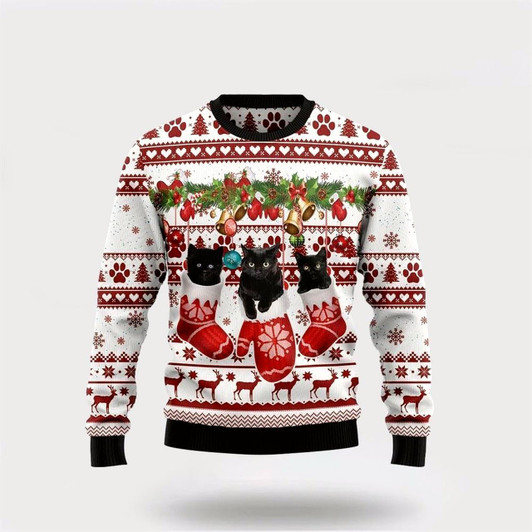 Goofygearprints Pet Cat Sweater, Black Cat Gloves Merry Christmas Funny Family Ugly Christmas Sweater, Gift For Cat Love, Cat Crewneck Sweater, Winter Fashion