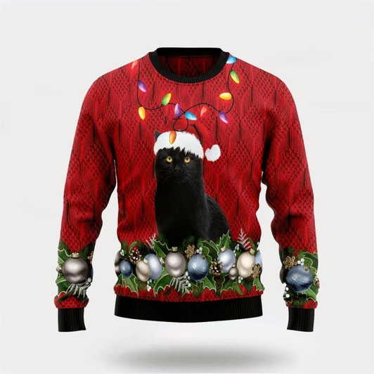 Goofygearprints Pet Cat Sweater, Black Cat Christmas Beauty Ugly Christmas Sweater, Gift For Cat Love, Cat Crewneck Sweater, Winter Fashion