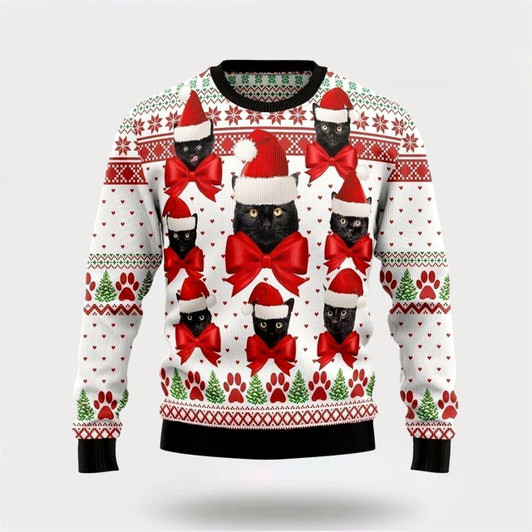 Goofygearprints Pet Cat Sweater, Black Cat Ball Ugly Christmas Sweater, Gift For Cat Love, Cat Crewneck Sweater, Winter Fashion