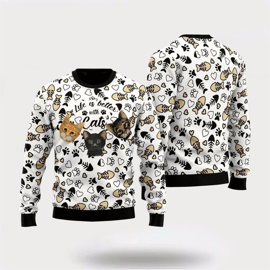 Goofygearprints Pet Cat Sweater, Awesome Cat Sweater Life Is Better With Cats Ugly Christmas Sweater, Gift For Cat Love, Cat Crewneck Sweater, Winter Fashion