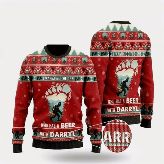 Goofygearprints Bigfoot Sweater, Who Has A Beer Whit Darryl Ugly Christmas Sweater, Best Gift For Christmas, Bigfoot Crewneck Sweater, Christmas Winter Fashion
