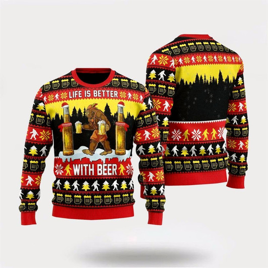 Goofygearprints Bigfoot Sweater, Christmas Is Better With Beer Ugly Christmas Sweater, Best Gift For Christmas, Bigfoot Crewneck Sweater, Christmas Winter Fashion