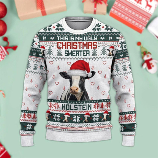 Goofygearprints Holstein Green Ugly Christmas Sweater, Sweater Gifts For Pet Loves, Farmers Sweater